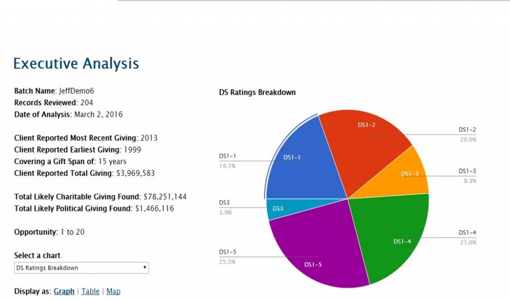 Executive Analysis breaking down all of your donors into a simple to read piechart