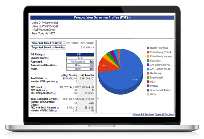 computer screen with a detail report of donor large gifts